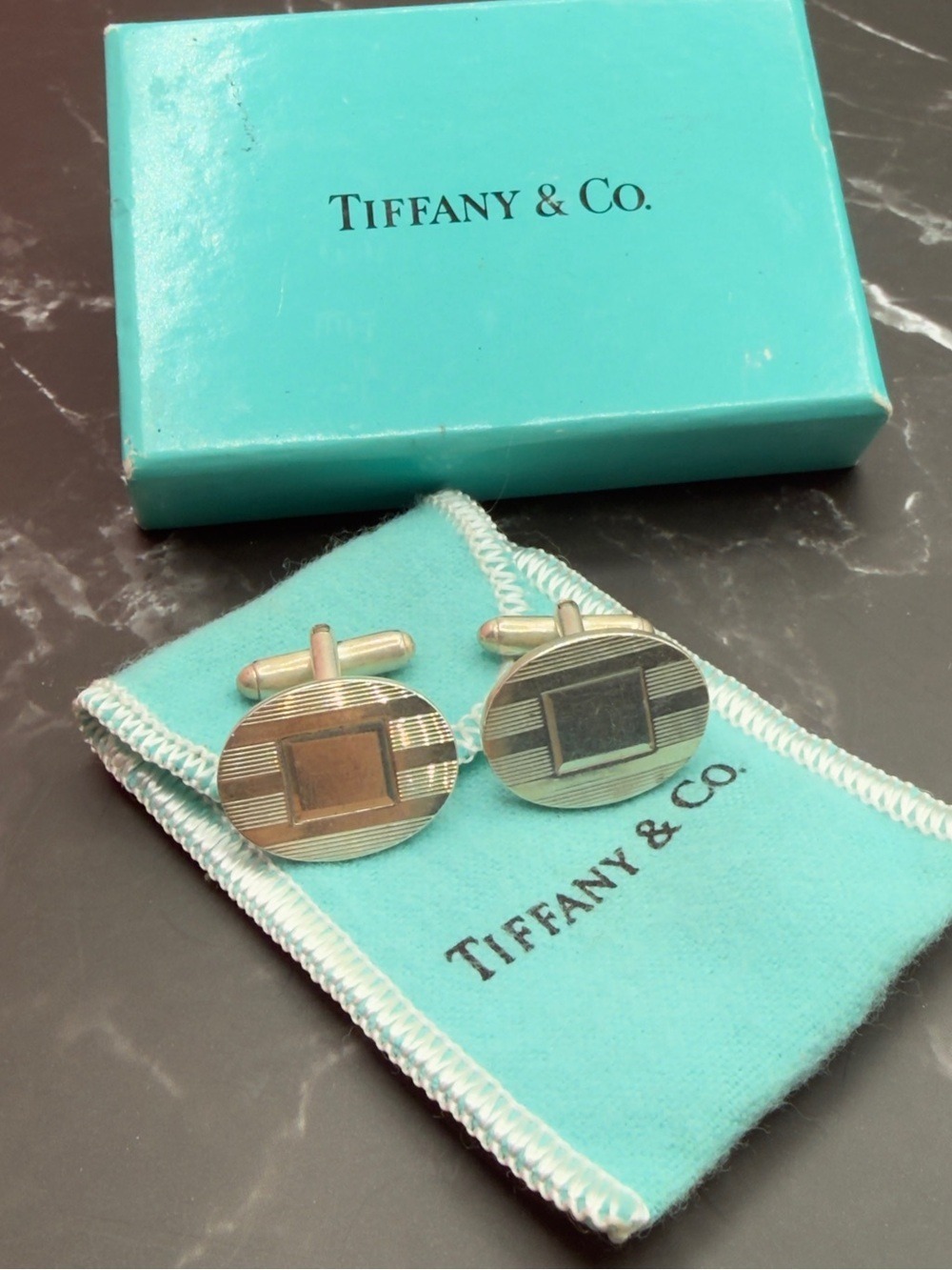 Tiffany & Co. Silver Oval Stripe and Square Cuff Links with Blue Pouch